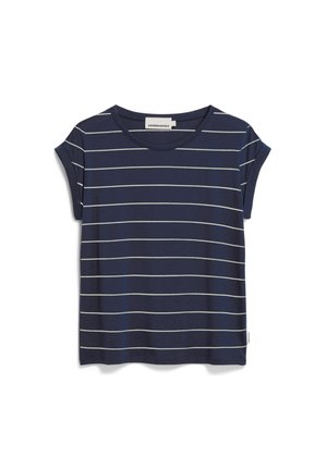 T-shirt a maniche corte blu navy con strisce orizzontali bianche. Materiale in cotone morbido, collo rotondo e maniche arrotolate. Etichetta del marchio visibile.