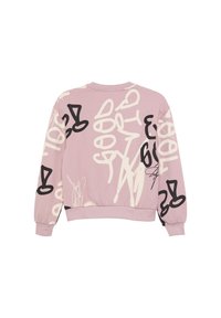Pink sweatshirt featuring a mix of black and cream abstract patterns, ribbed cuffs, and hem, with a classic crew neck design.