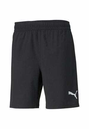 Melni sporta šorti ar elastīgu jostas vietu, izgatavoti no viegla auduma, ar baltu Puma logotipu apakšējā kreisajā pusē.