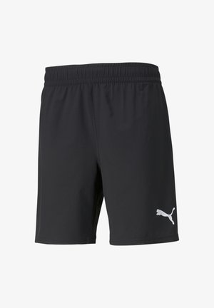 Melni sporta šorti ar elastīgu jostas vietu, izgatavoti no viegla auduma, ar baltu Puma logotipu apakšējā kreisajā pusē.