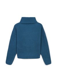 Blauer Strickpullover mit hohem Kragen, verkürztem Schnitt und gerippter Textur. Verfügt über lange Ärmel und ein einfarbiges Muster ohne Verzierungen.