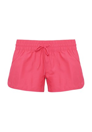 Pantaloni da bagno rosa realizzati in materiale leggero con una vita elasticizzata, chiusura con cordino e tasche laterali. Tessuto liscio e lunghezza fino a metà coscia.