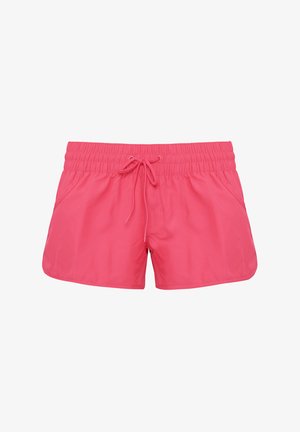 Pantaloni da bagno rosa realizzati in materiale leggero con una vita elasticizzata, chiusura con cordino e tasche laterali. Tessuto liscio e lunghezza fino a metà coscia.