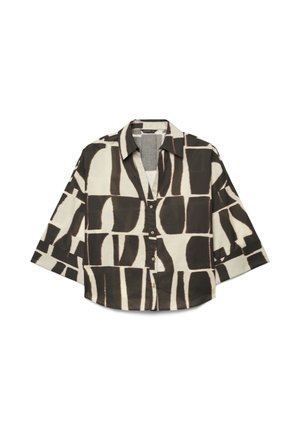 Camicia con bottoni, maniche larghe e motivo geometrico astratto in bianco e nero, con colletto appuntito.