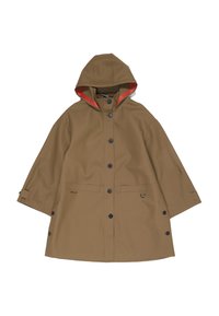 Brown hooded raincoat with black buttons, wide sleeves, orange inner lining, front pockets, and adjustable strap details on the sides and cuffs.