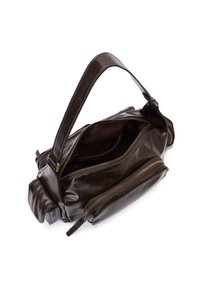 Borsa a tracolla in pelle marrone con una sola tracolla, caratterizzata da diversi scomparti con zip e una finitura morbida e testurizzata. Design compatto e versatile.