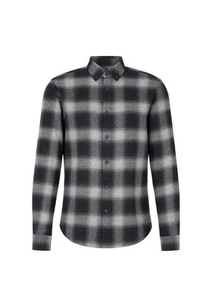 Camicia a maniche lunghe con bottoni, in un motivo a quadri nero e grigio, realizzata in un tessuto morbido con una finitura testurizzata e orlo arrotondato.