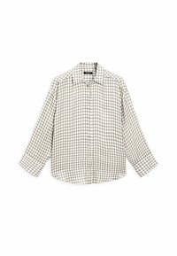 Chemise à manches longues beige et marron à carreaux, boutonnée avec col, étalée à plat sur fond blanc.
