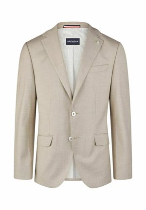 Beige blazer with a textured fabric, notched lapels, two front pockets, and three buttons. Interior features a light patterned lining.