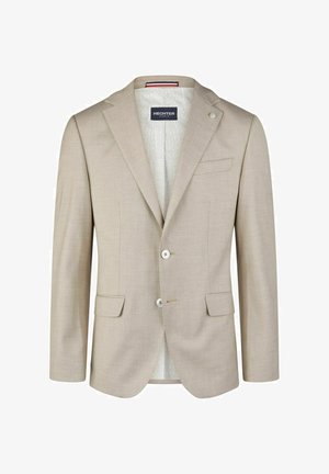Blazer beige avec un tissu texturé, revers crantés, deux poches avant et trois boutons. L'intérieur présente une doublure à motif léger.