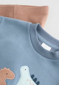 Niebieska bluza z haftem dinozaura, zestawiona z brzoskwiniowymi, prążkowanymi legginsami. Miękka tkanina, okrągły dekolt i teksturowane detale wzornicze.