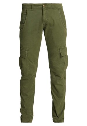 Pantalons cargo verts olive en tissu mélangé de coton doux, dotés de poches latérales, de détails cousus et d'un design classique à jambes droites.