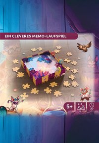 Brettspiel mit einer bunten Pappverpackung, die blaue, rosa und gelbe Designs zeigt. Beinhaltet Holzfiguren in verschiedenen Puzzlegestalten und Charakteren.