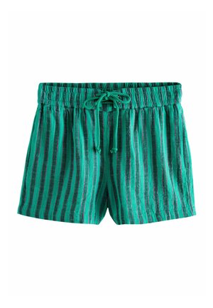 Pantaloni scurți verzi cu dungi verticale verde închis și mov, talie elastică și șnur de ajustare în față.