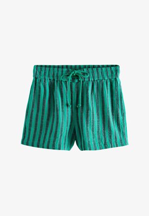 Pantaloni scurți verzi cu dungi verticale verde închis și mov, talie elastică și șnur de ajustare în față.