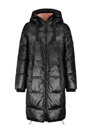 Langer schwarzer gesteppter Daunenmantel mit Kapuze, Frontreißverschluss, Kordelzügen, seitlichen Reißverschlusstaschen und hellrosa Futter in der Kapuze.