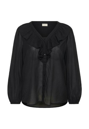 Black sheer blouse with long puff sleeves, button-down front, and ruffled collar extending down the chest.