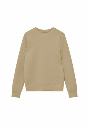 Beige long-sleeve crew neck sweatshirt with ribbed cuffs and hem, displayed flat on a white background.