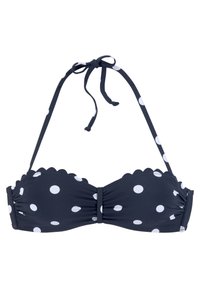 Top de bikini azul marino con lunares blancos, borde festoneado, tirantes ajustables y tela recogida en el centro para mayor soporte.