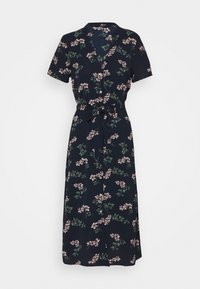 Abito midi blu navy con maniche corte, chiusura con bottoni davanti, cintura in vita e stampa floreale rosa con foglie verdi.