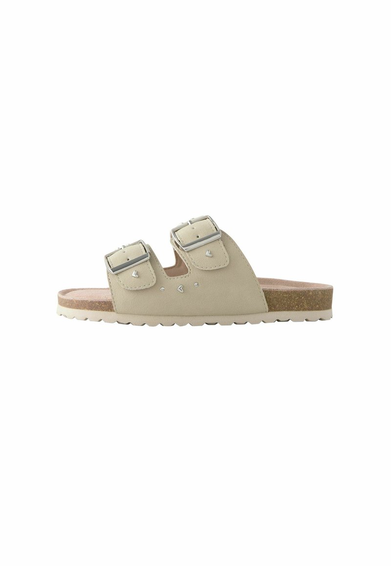 Beige Schieber-Sandalen mit zwei verstellbaren Schnallen, Korkfußbett und einer strukturierten Sohle. Dekorative Akzente auf dem Obermaterial für Details.