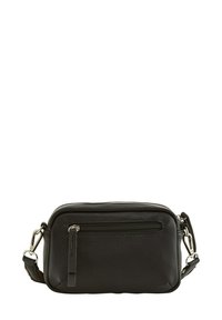Borsa a tracolla in pelle nera con una superficie texturizzata, dotata di una tasca anteriore con zip, tracolla regolabile e accentuazioni in metallo color argento.