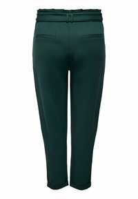Dark green tailored cropped pants with a fabric belt, belt loops, two back welt pockets, and folded cuffs at the hem.