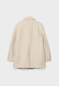 Beige wollen jas met een gestructureerde oppervlakte, voorzien van een opstaande kraag, lange mouwen en een rechte snit. Middennaad detail op de achterkant.