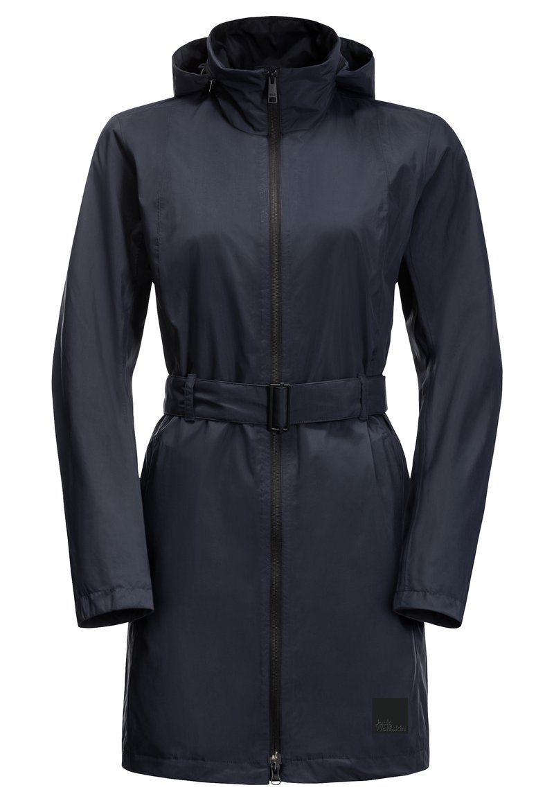 Navyblauer wasserdichter Parka mit tailliertem Schnitt, hohem Kragen und durchgehendem Reißverschluss. Hergestellt aus glattem, leichtem Stoff mit langen Ärmeln.