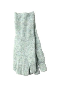 Gröna, ribbade stickade fingervantar utan fingrar med en mjuk textur; utformade för värme och smidighet; små färgvariationer ger detaljer.