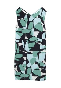Mouwloze jurk met een abstracte bladerenpatroon in zwart, wit en mintgroen. Zachte stof met een comfortabele pasvorm en een V-vormige achterkant.