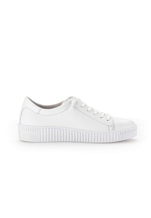 White low-top sneaker with textured platform sole, lace-up closure, and smooth leather upper shown from the side on a white background.