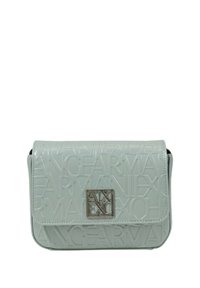 Borsa a mano rettangolare di colore verde chiaro, realizzata in materiale lucido. Caratterizzata da un motivo logo impresso e chiusura in metallo argentato. Inclusa una tracolla regolabile.