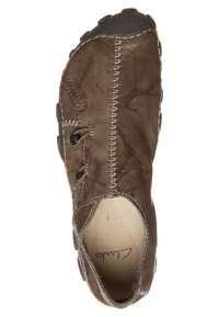 Brown leather shoe with a smooth finish, textured upper, minimalistic design, stitching details along the sides, and rubber outsole with grip.