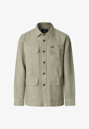 Khaki long-sleeve shirt jacket with four front flap pockets and brown buttons, made from textured fabric.
