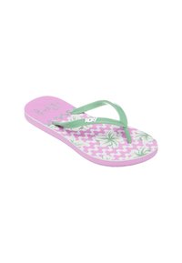 Rosa flip-flop med gröna remmar, med ett blommönster och vågdesign på sulan. Roxy-logotyp på remmarna. Tillverkad av flexibelt material.
