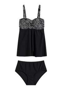Set di tankini nero con un top decorato con coppe sagomate e spalline sottili, abbinato a slip bikini neri solidi.