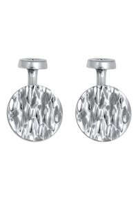 Gemelli da polso in argento con design circolare, caratterizzati da una superficie texture martellata e da cilindri lisci.