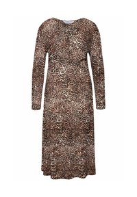 Leopardprint jurk met lange mouwen, v-hals en een cinched taille. Gemaakt van lichtgewicht stof, met rijke bruin en crème tinten.