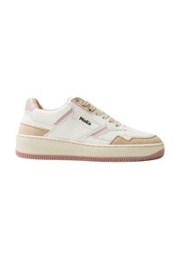 White sneaker with a textured surface, pink accents, and a chunky sole. Features a lace-up design and the MoEa logo on the side.