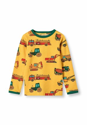 Žuta majica dugih rukava s raznobojnim printovima kamiona, traktora i građevinskih vozila. Zelene naglaske na ovratniku i manžetama.