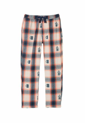 Karierte Flanellpyjamahose in Creme, Marineblau und Orange, mit einem Muster von Tassen und French Presses. Elastischer Bund mit Kordelzug.