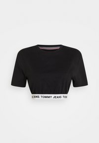 Svart kort t-shirt med korta ärmar, med ribbad rund halsringning och ett vitt elastiskt band med varumärke vid fållen.