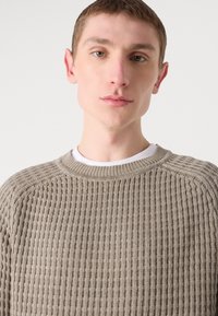 Beige gerippter Pullover mit rundem Halsausschnitt, strukturiertem Stoff und dezenten Nähten an den Schultern. Glatter weißer Innenkragen sichtbar.