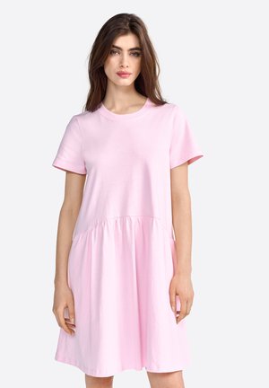 Pink short-sleeve dress made of soft fabric with a round neckline and gathered waist, creating a flowy, flared silhouette.
