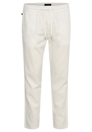 White, lightweight cotton joggers with an elastic waistband, drawstring closure, and a relaxed fit. Smooth texture with no patterns or accents.