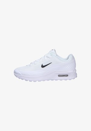 Sneaker Nike Air Max bianco con logo Swoosh nero, ammortizzazione ad aria visibile nella suola e tomaia in mesh, vista laterale.