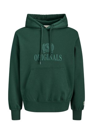 Ciemnozielona bluza z kapturem, kieszenią z przodu i troczkami, z napisem „ORIGINALS” i emblematem na piersi.