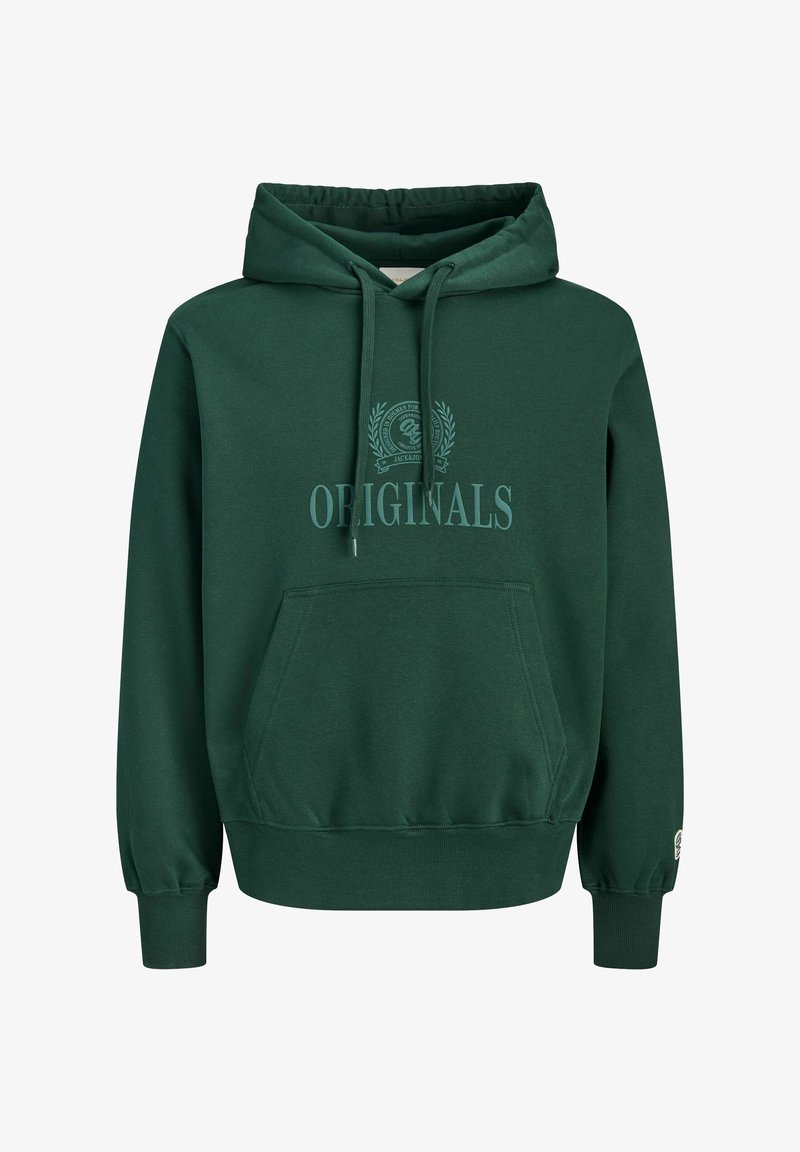 Sweat à capuche vert foncé avec poche avant et cordons, avec le texte "ORIGINALS" et un emblème sur la poitrine.
