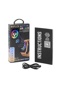 Emballage de montre intelligente Reflex Active AMOLED avec un écran AMOLED de 1,78", design de montre marron, livret d'instructions et câble de chargement USB.